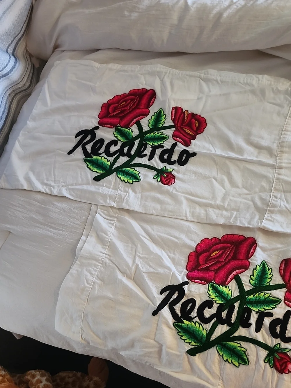 Hand Made White Pillowcase Set with Red Rose Embroidery